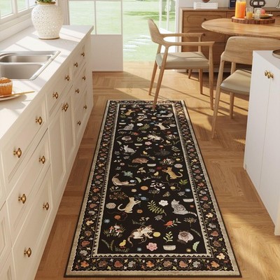 Runner Rug for Kitchen Non Slip Hallway Floor Mat Black Cat Decor 2'7''x8' L