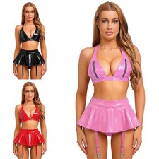 Womens Leather Wet Look Lingerie Set Zipper Cup Bra Top and Miniskirt Outfits