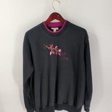 VTG 90s Top Stitch By Morning Sun Floral Embroidered Sweatshirt Black Size XL