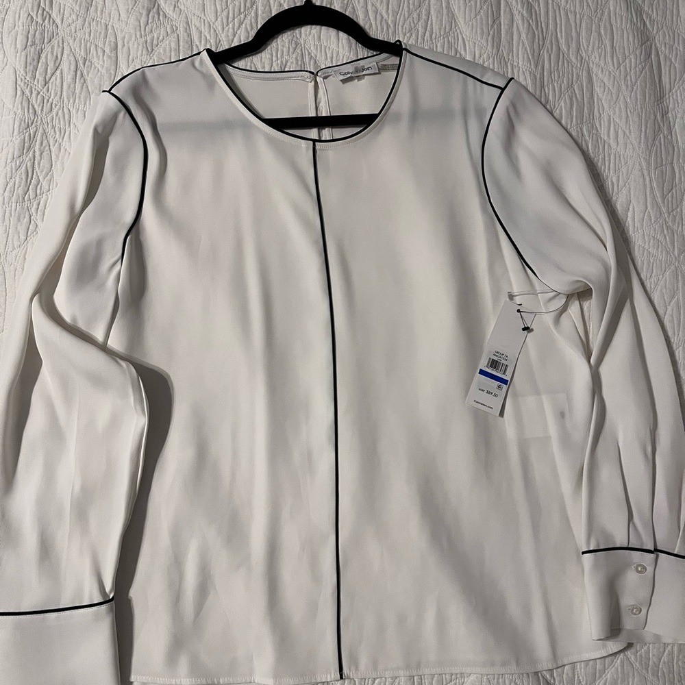 Calvin Klein White Blouse with Black Trim | Chic Professional Top