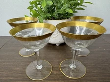 Set/4 Gold Rimmed Stem Cordial Glasses UNIQUE Pattern 4.5" Tall Franciscan