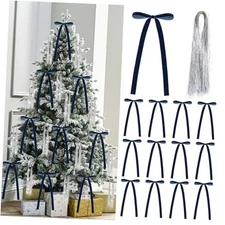 Set of 12 Pcs Vintage Velvet Bow and 3000 Strands Tinsel Icicles - 5.9" x Blue