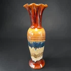 Vintage Royal Haeger USA Drip Glaze Ruffled Rim Ceramic Vase Brown Blue Tan 10in