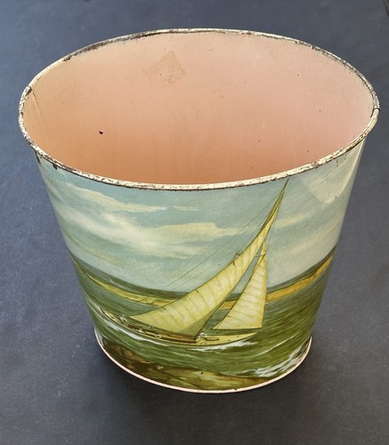 Vtg 1950s-1960s Metal Waste / Trash Can SAILBOAT Landscape NAUTICAL Theme