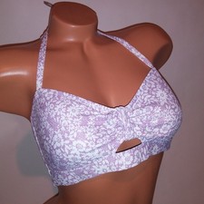 Time Tru Swim Bikini Top Medium 8 10 Purple White Floral Halter Padded Wireles
