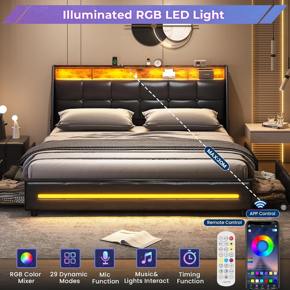 Marco de cama king size con 4 cajones de almacenamiento, estación de carga y luces LED Foto 4 de 4