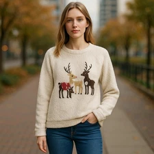 * ROCKIN’ AROUND White Plush Sherpa Fleece Sequined Reindeer Top Ladies MEDIUM