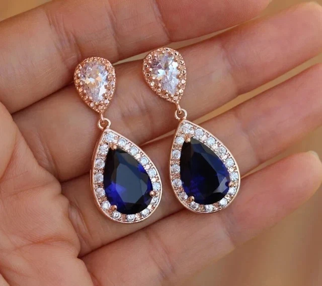 Lab Created Blue Sapphire 3Ct Pear Cut Drop Dangle Earrings 14K Rose Gold Plated - Image 4 of 4