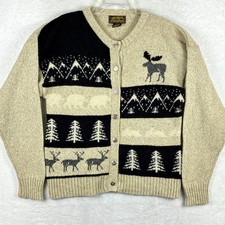 VTG 80s Eddie Bauer Wool Cardigan Sweater Size L Beige Winter Nature Xmas USA
