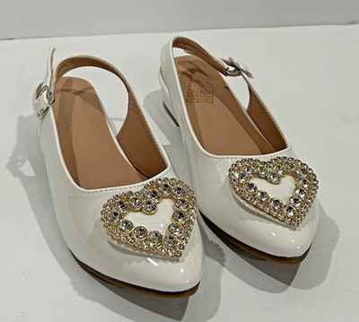 Girls Crystal Embellished Heart  Block Heels Slingback Shiny White Shoes Size 13