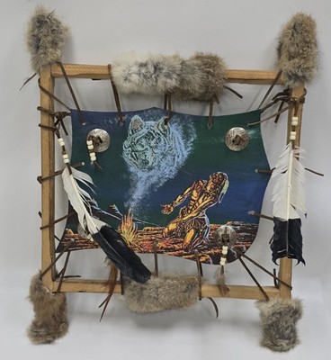 VTG Wood Frame Picture Indian Wolf Fur Feathers Wall Hanging Native 16'' X 20'' 