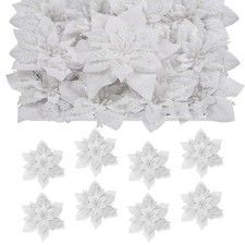 24 PCS White Poinsettia Christmas Flowers Artificial Glitter Decorations