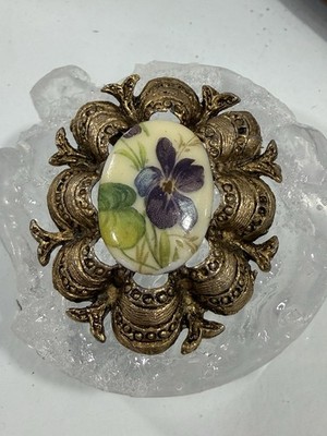 Vintage Victorian Revival Floral Porcelain Purple Violets Cameo Style Brooch