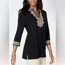 Charter Club Women's Lace-Trim Black Tunic Top Gold Lace Detail Size XL