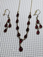 Vintage Art Deco Style Silver Garnet Cabochon Necklace and Earrings