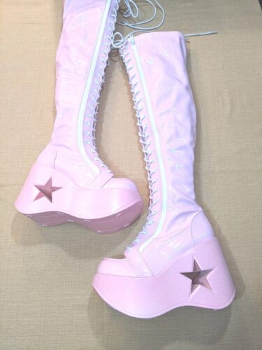 Pleaser Demonia Pink Glitter Star Cutout Thigh-High Platform Boots US-10 Barbie - Picture 1 of 11