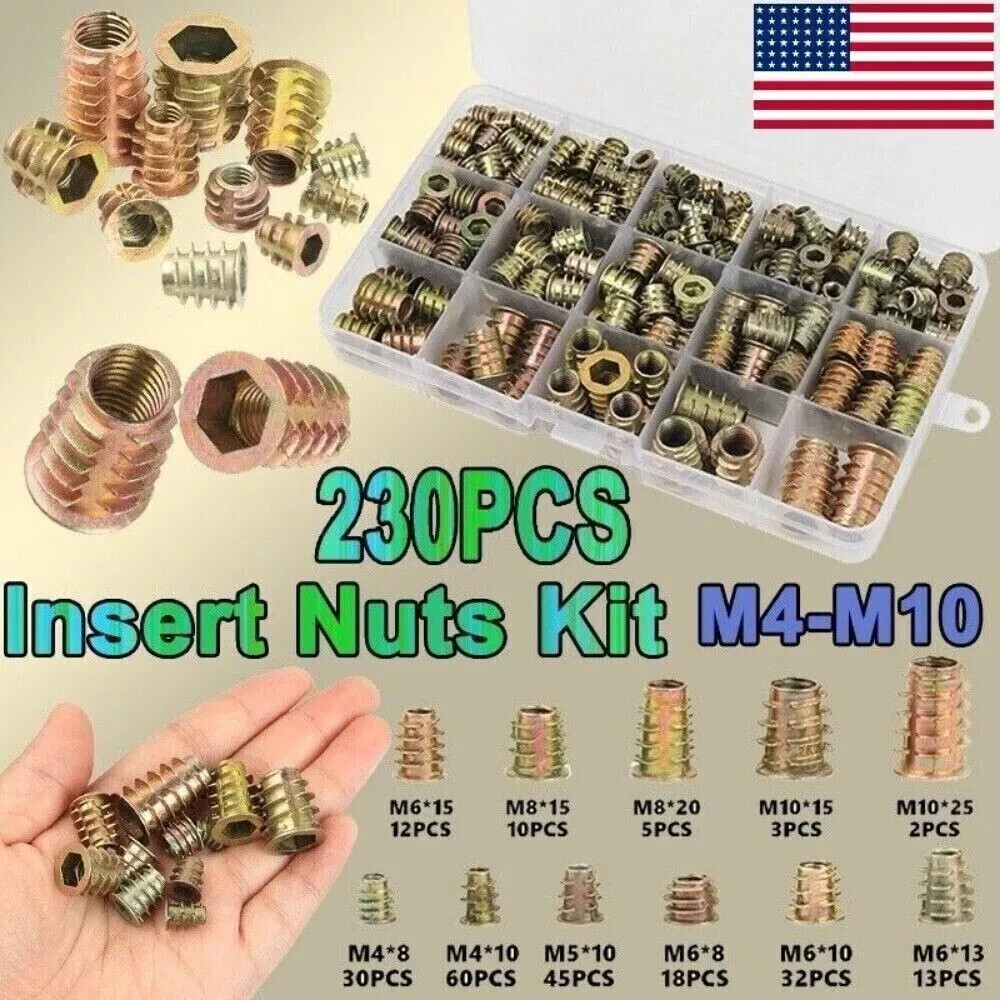 230 Piece Threaded Inserts Assortment Kit - M4/M5/M6/M8/M10 Inserts For Wood, Includes Hex Wrench
