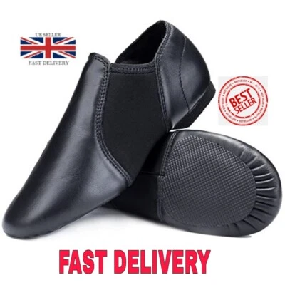 BAVA Slip on jazz dance shoes Black Leather Neoprene Rubber Split sole Kids & Girls