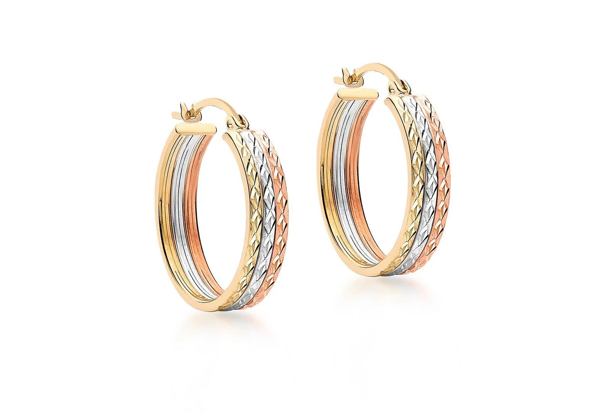 18mm Diamond Cut Creole Earrings 9ct 3 Colour Gold eBay