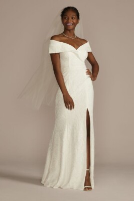 xscape off the shoulder lace dress XSCAPE Women's Sequined Lace Off-The-Shoulder Gown