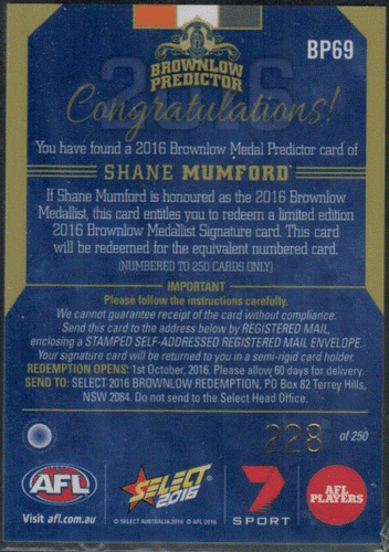 2016 Footy Stars THUNDER & LIGHTNING & BROWNLOW PREDICTORS; Individual Card Sale - Picture 13 of 13