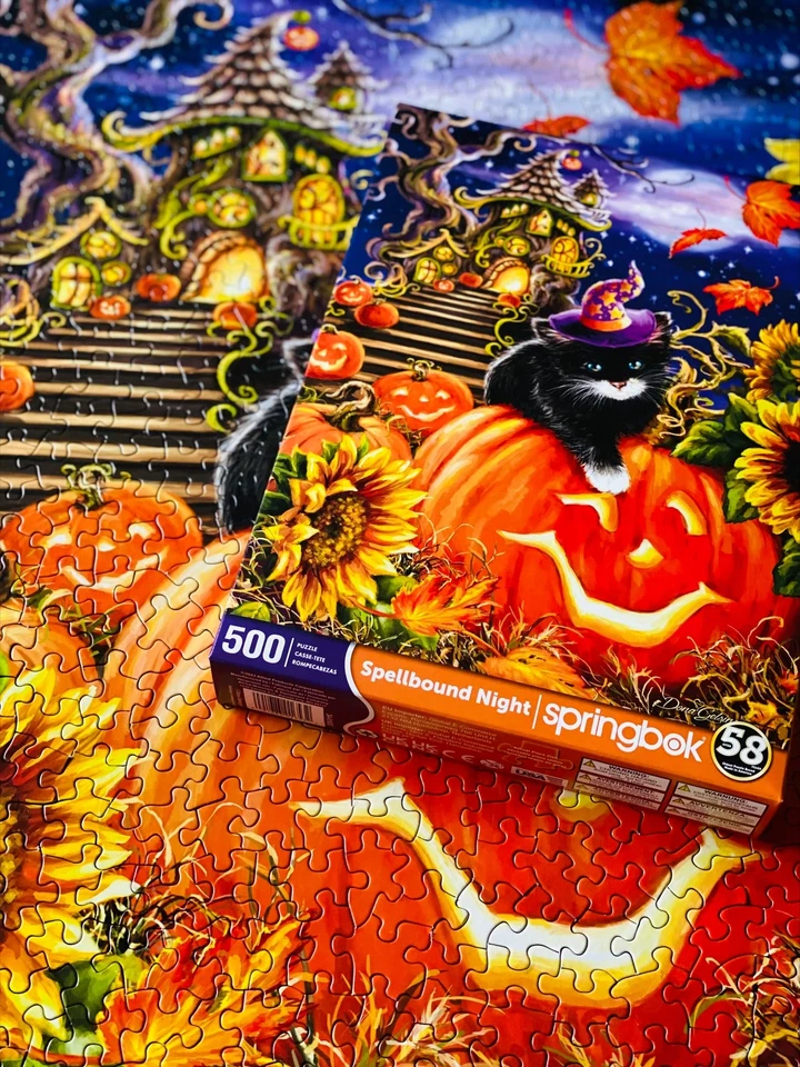 500 Piece Halloween Puzzle Black Kitten Jack O Lantern Sunflower Field - Изображение 4 из 4