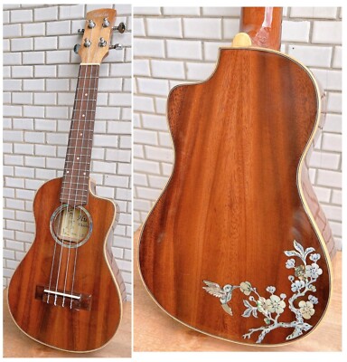 Alulu Solid Acacia Koa Concert cutaway Ukulele, bird inlay HU1633