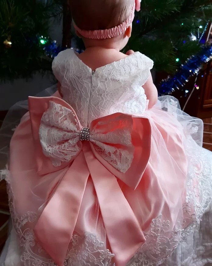 Large Bow Baby Girl Dress & Headband Set Birthday Party Lace Gown Outfit  Camila | eBay