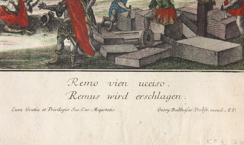 Georg Balthasar Probst (1732-1801), altkol. Kupferstich, "Remus est tué" um 1750 - Bild 4 von 4