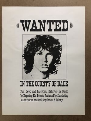 Wanted Jim Morrison Vintage Poster Dade County Headshop Promo