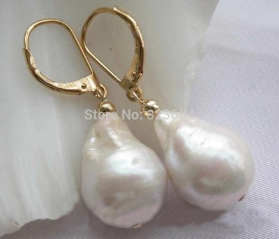 HUGE 14x18 mm white baroque drip keshi reborn pearl dangle earring