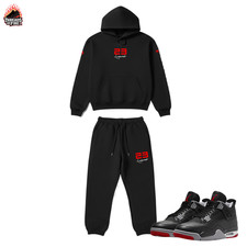 Men's 23 Legend Sweatsuit Black Red Hoodie Joggers Set To Match Jordan 4 Bred