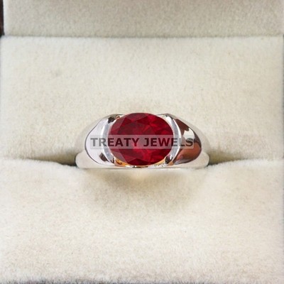 Ruby Oval Cut Gemstone With Solid 14K White Gold Ring For Men's #B545 #