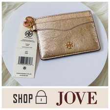 NEW 130 Tory Burch Emerson Shiny Gold Slim Card Case Wallet