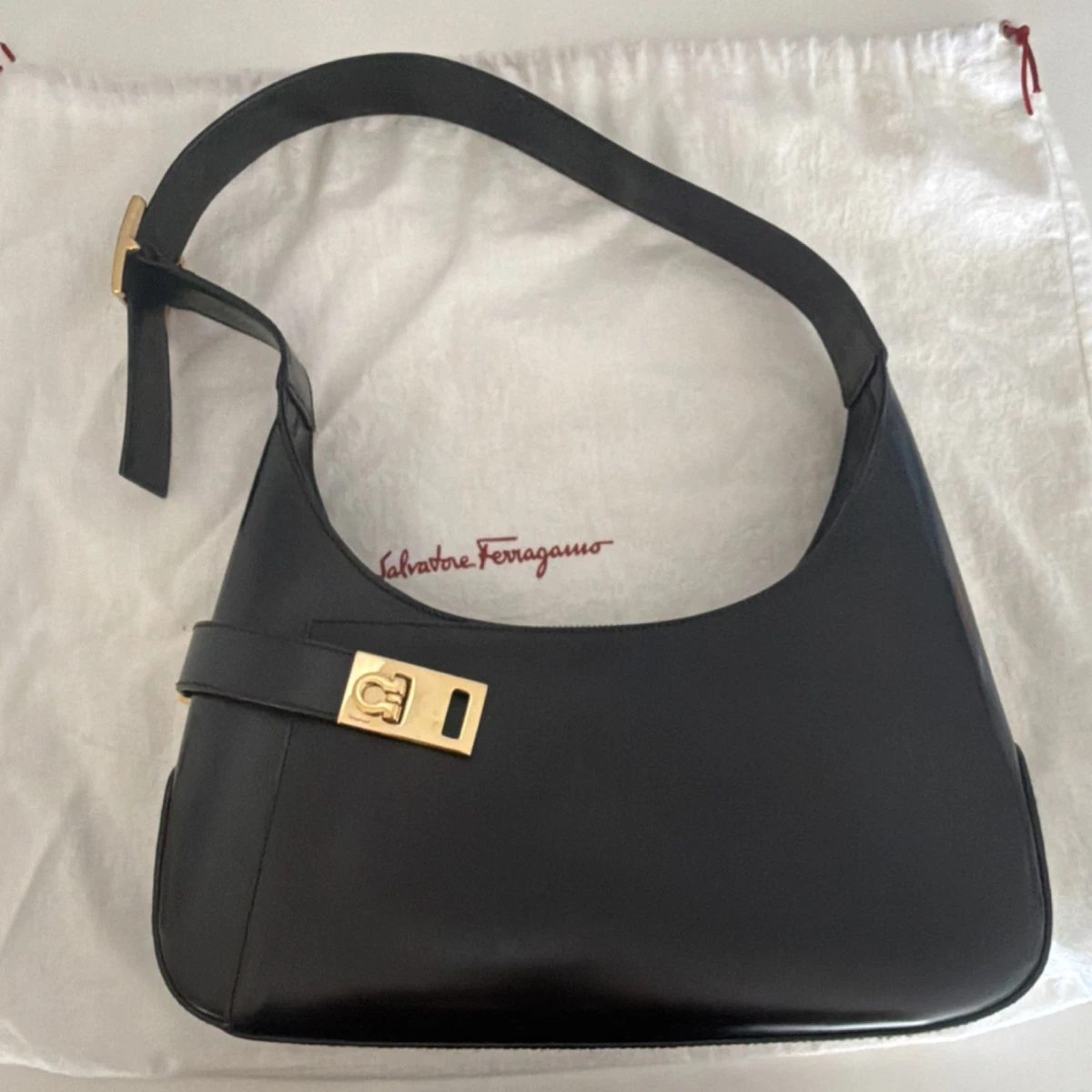 Salvatore Ferragamo Auth Black and Gold Leather Bracelet w/ Ferragamo dust bag Salvatore Ferragamo Gancini Chain Black Gold Shoulder Bag main image 3