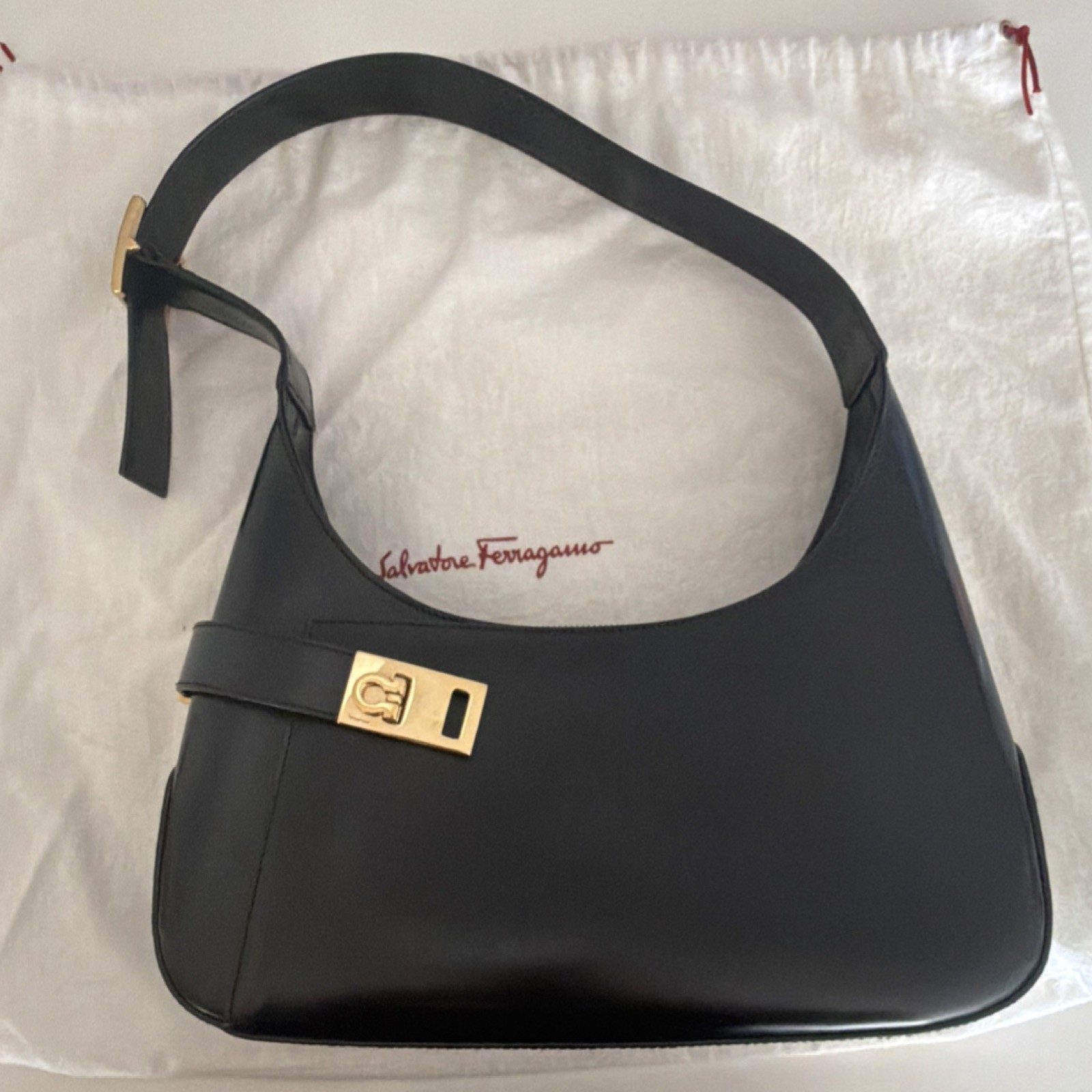 Salvatore Ferragamo Black Shoulder Bag Gold Hardware Buckle Accent w/ Dust Bag