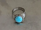 Vintage 925 Sterling Turquoise Ring Oval Cabochon Rope Bezel Mexico Sz 14 11.9g