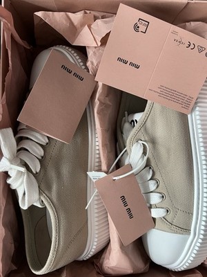 $1050 Miumiu Colonial Beige Denim Sneakers Logo | Miu Miu, Size