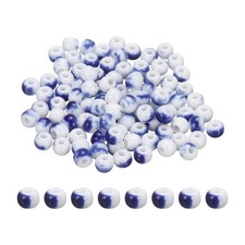 100Pcs 6mm Round Ceramic Porcelain Beads, White Blue Spotted