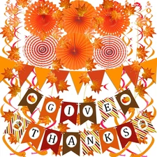 Give Thanks Banner Orange Paper Triangle Flag Bunting Maple Leaf Hanging Garland