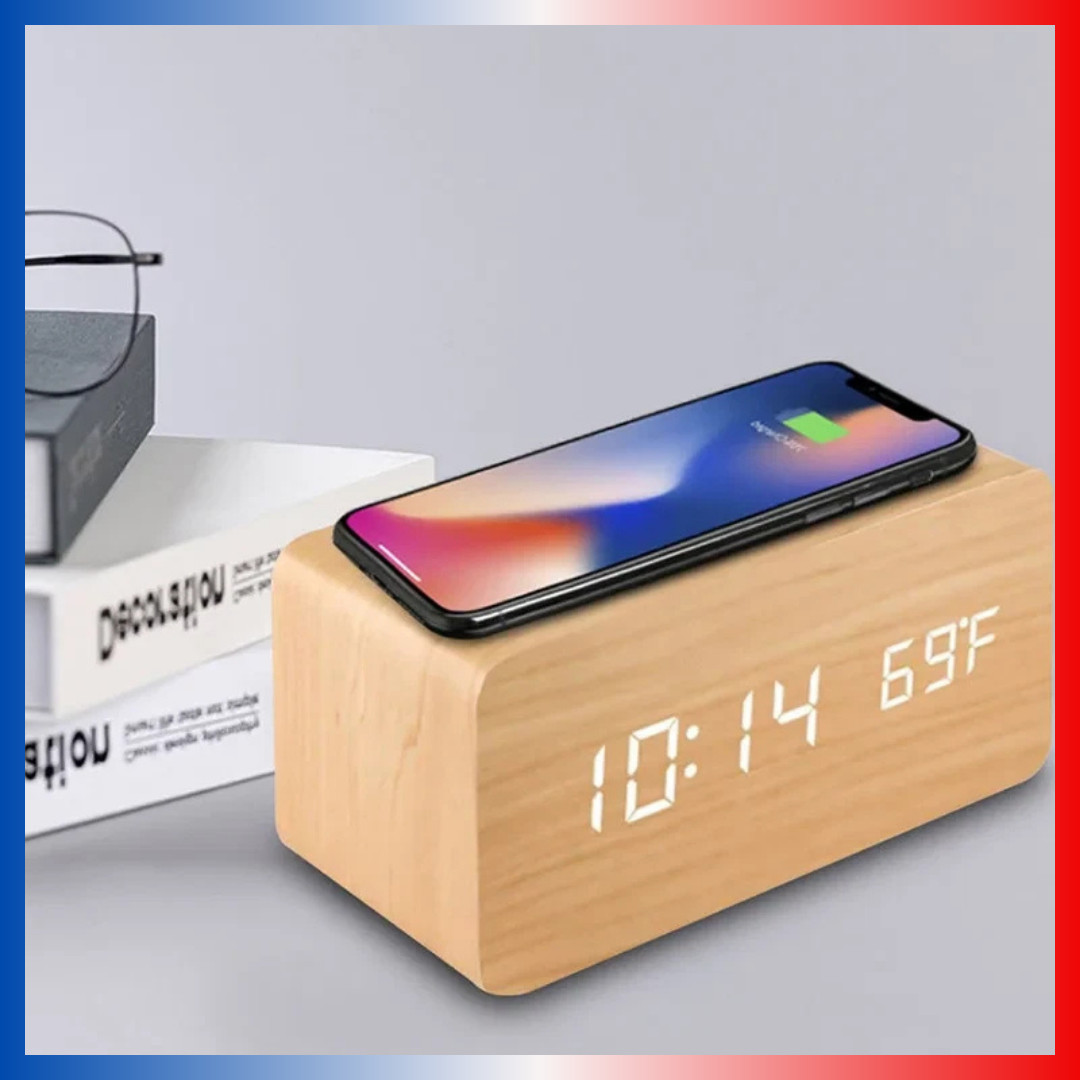 Réveil numérique bois LED alarme température sans fil usb horloge compacte