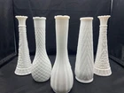 Vtg Lot of 6 White Milk Glass Bud flower Vases 9" starburst & various patterns