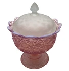 Vintage Pink Depression Glass Lidded Candy Dish With Intricate Geometric Pattern