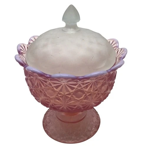Vintage Pink Depression Glass Lidded Candy Dish With Intricate Geometric Pattern