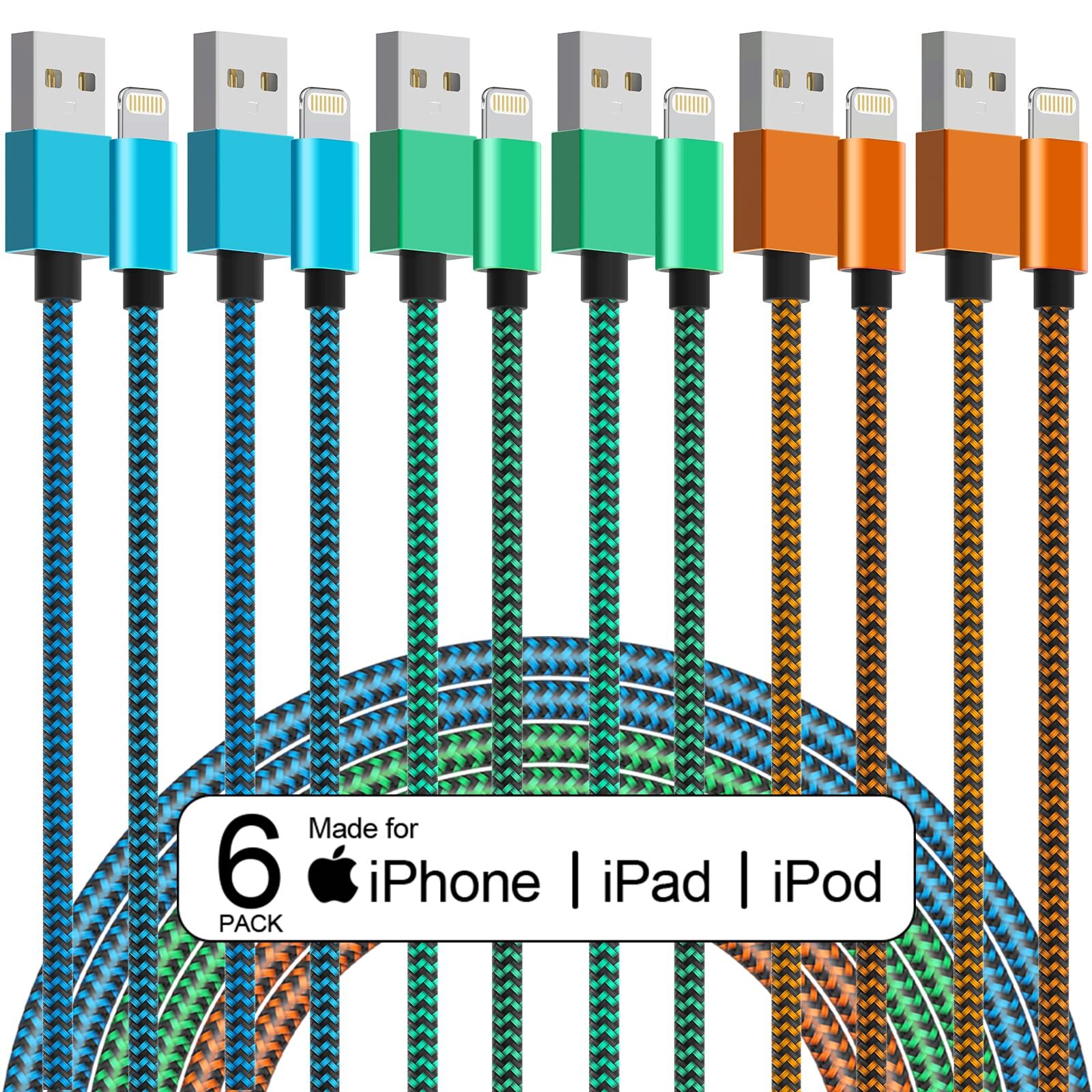 Apple MFi Certified 6 Pack iPhone Charger 2.9/2.9/6/6/10/10 FT WZK USB Lightn...