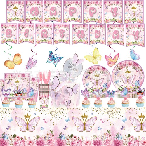 Butterfly Party Supplies, Happy Birthday Banner, Plates, Tablecloths, Napkins - Foto 15 di 37