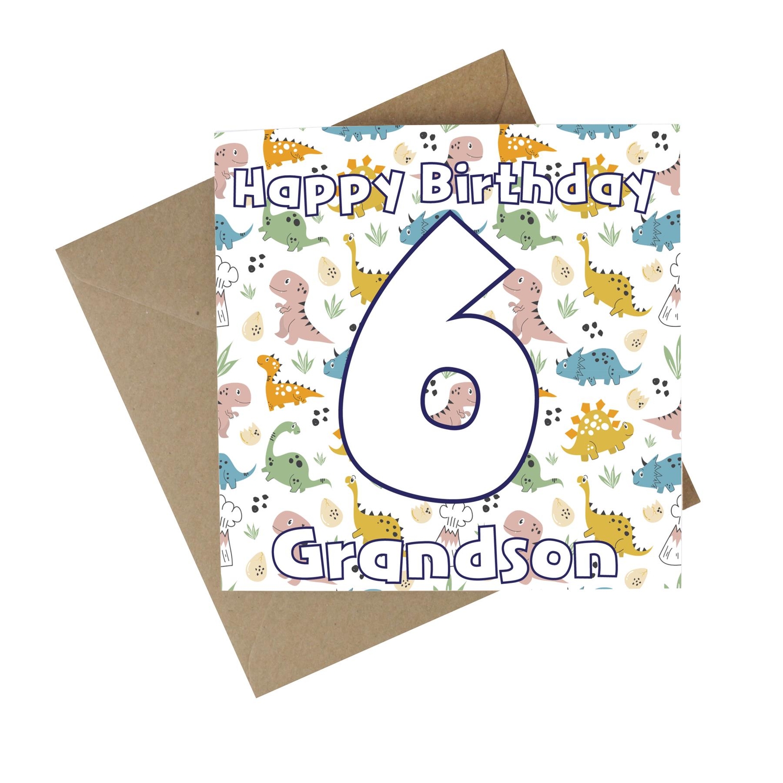Dinosaur Grandson 6th Birthday Recycled Paper Age Card - Children's Bday Card