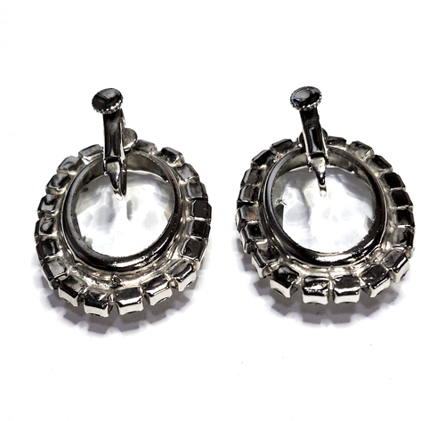 Vintage HUGE Austrian Crystal Hinged Clip Earrings Oval Wedding Clear Open Back - Picture 7 of 14