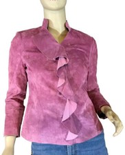 VINTAGE 1990'S PARISIAN PETITE PINK SUEDE RUFFLE ACCENT BLAZER SIZE SP