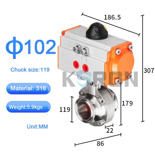 4" Φ102 Sanitary Tri-Clamp Silicone Pneumatic Butterfly Valve Stainless 316 - Picture 2 of 6
